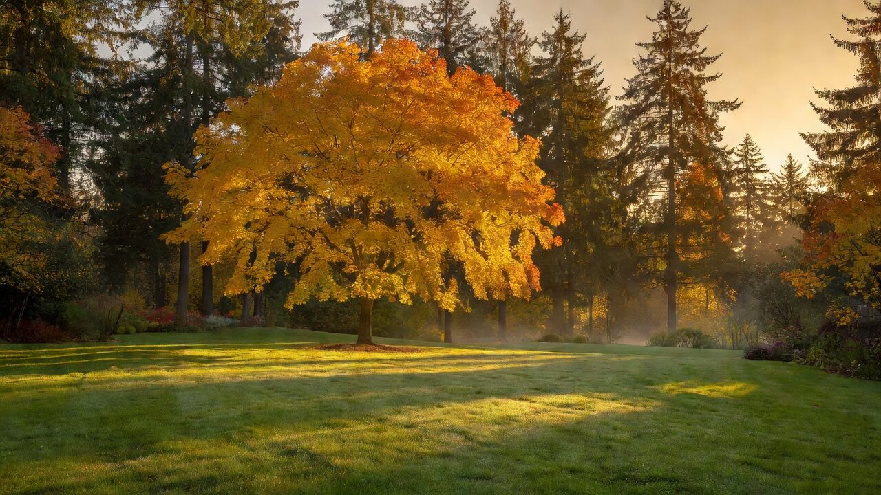 A tidy Willamette Valley backyard in golden autumn light with a big-leaf maple turning gold