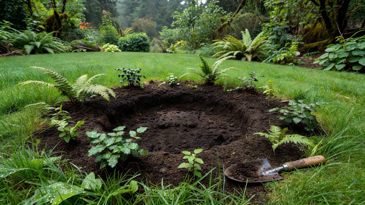 Freshly cleared circle of dark, loamy soil in a green Portland backyard where a tree stump was removed