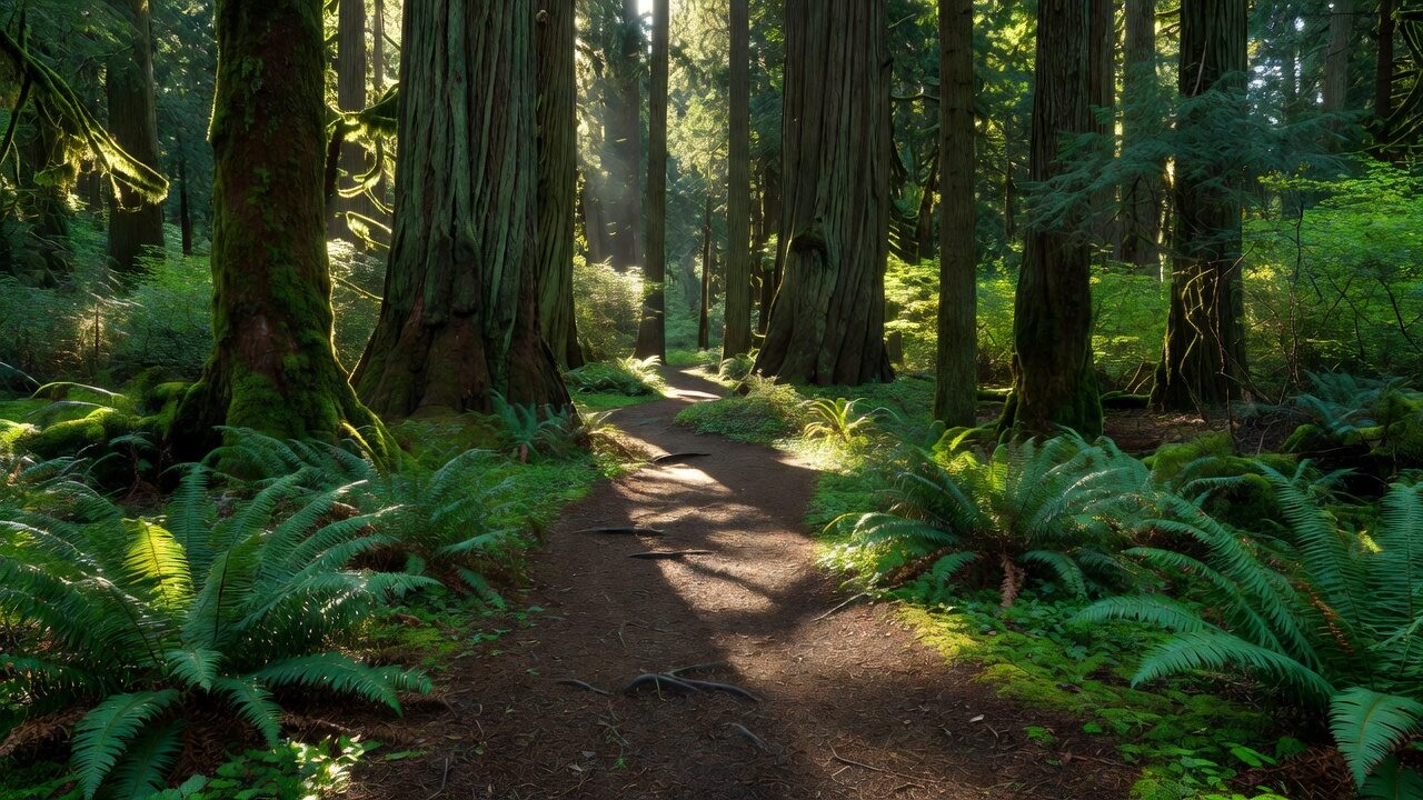 Towering old Douglas fir trees lining a forested trail in a Portland city park
