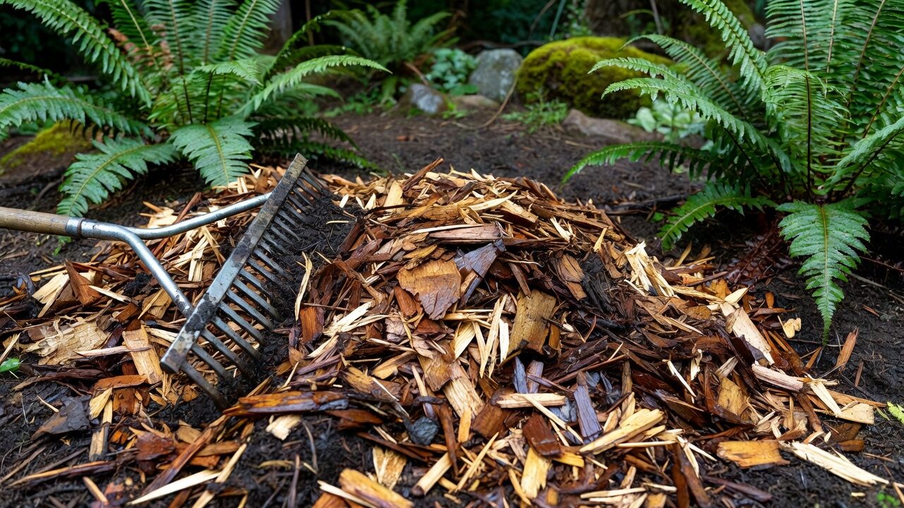 Fresh wood-chip mulch being spread with a metal rake around a Pacific Northwest garden bed
