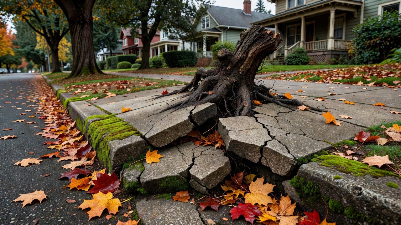 A concrete sidewalk cracked and lifted by a thick tree root in an older Portland neighborhood