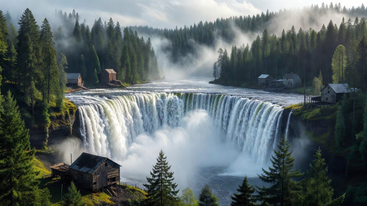 The wide horseshoe of Willamette Falls stretching across the river near Oregon City