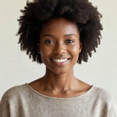 Portrait of a smiling Black woman in her thirties wearing a casual knit sweater. She is a happy Stump Services Near Me customer in Portland. A stump was ground out of her yard and the grindings hauled away.