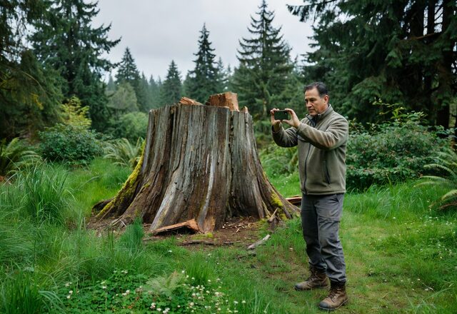 A Portland homeowner photographing a tree stump with a phone