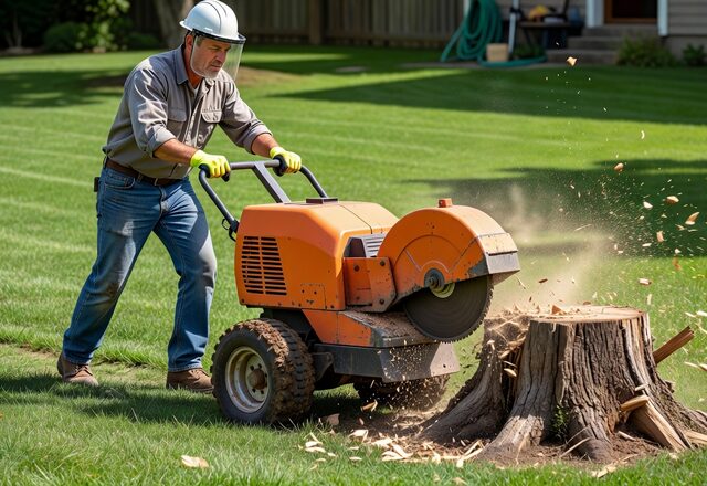 An orange stump grinder being wheeled up to a tree stump