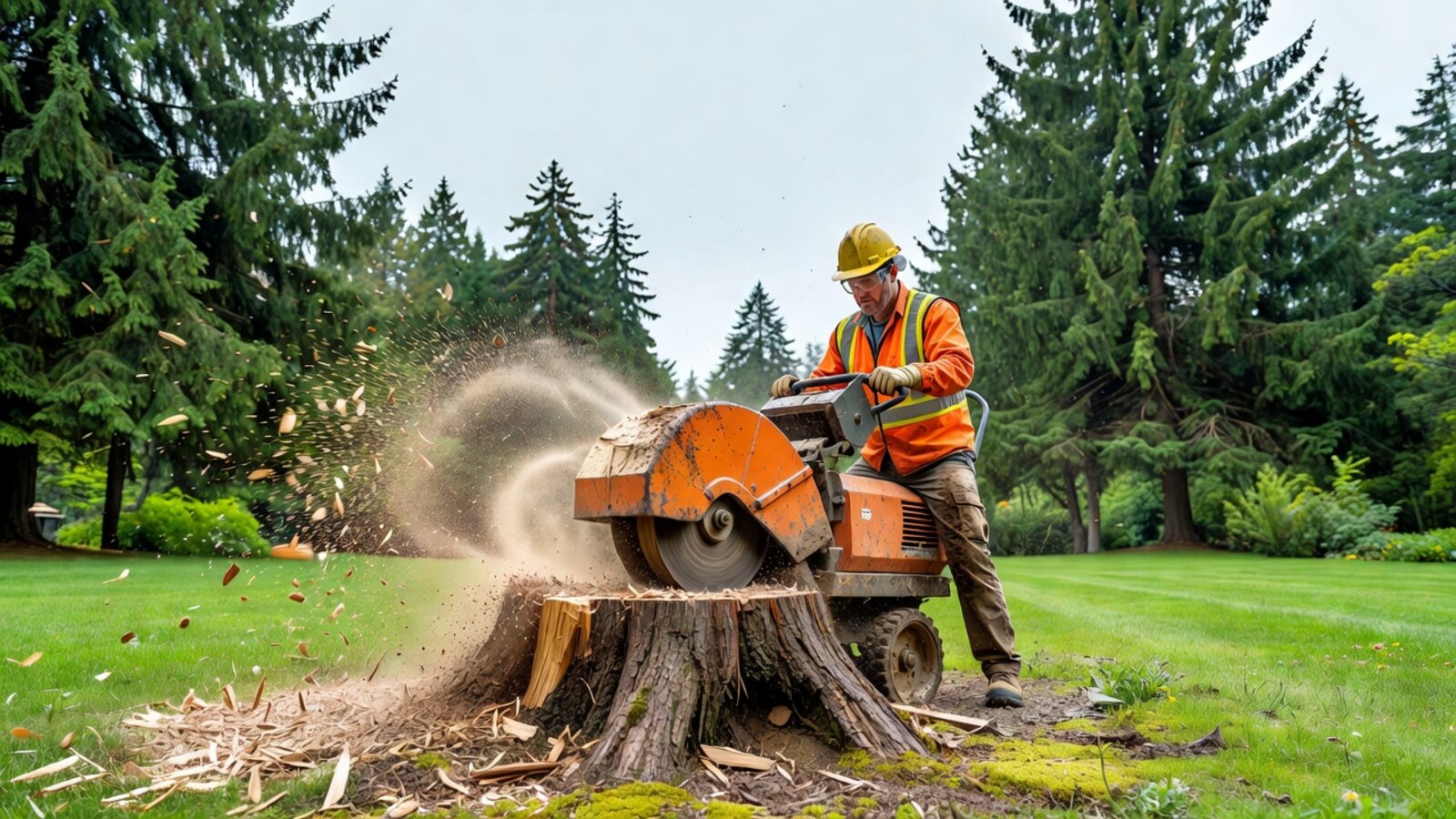 Stump grinding in a Portland backyard